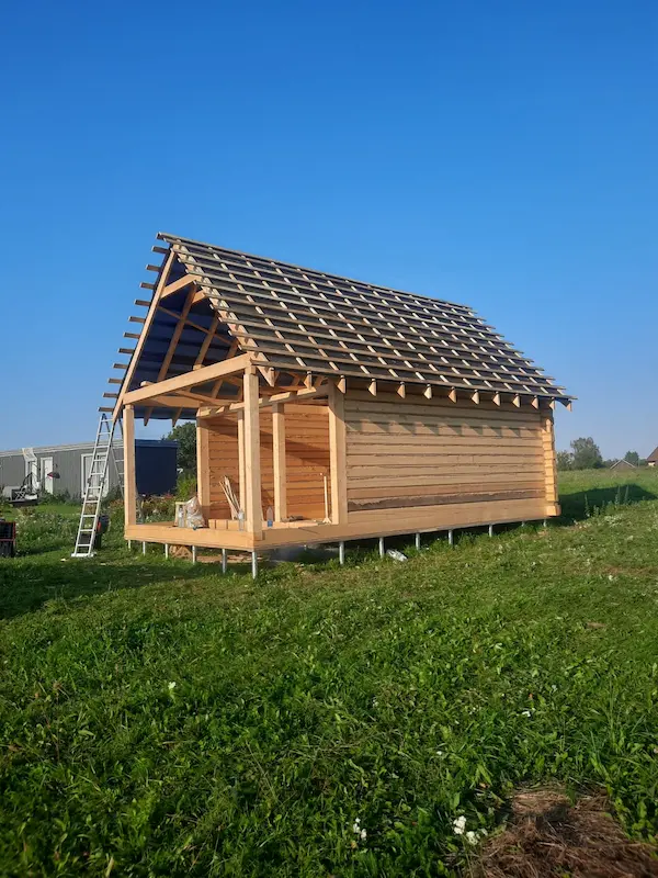 €8,000 6x4.8m + 2m terrace. Walls, battens and membrane. Without roof covering. Norwegian corner joint.